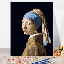 厂家批发diy数字油画油彩画人物名画亚马逊爆款戴珍珠耳环的少女