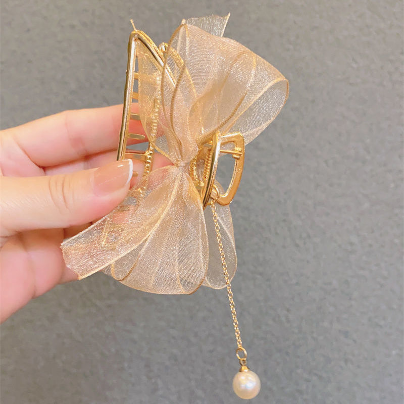 韩版流苏珍珠蝴蝶结网纱抓夹中号发夹女后脑勺夏季气质金属夹头发