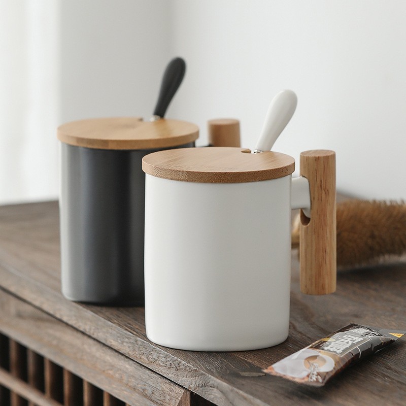 international wood handle cup foreign trade ceramic cup coffee cup with lid couple mug office water glass gift cup