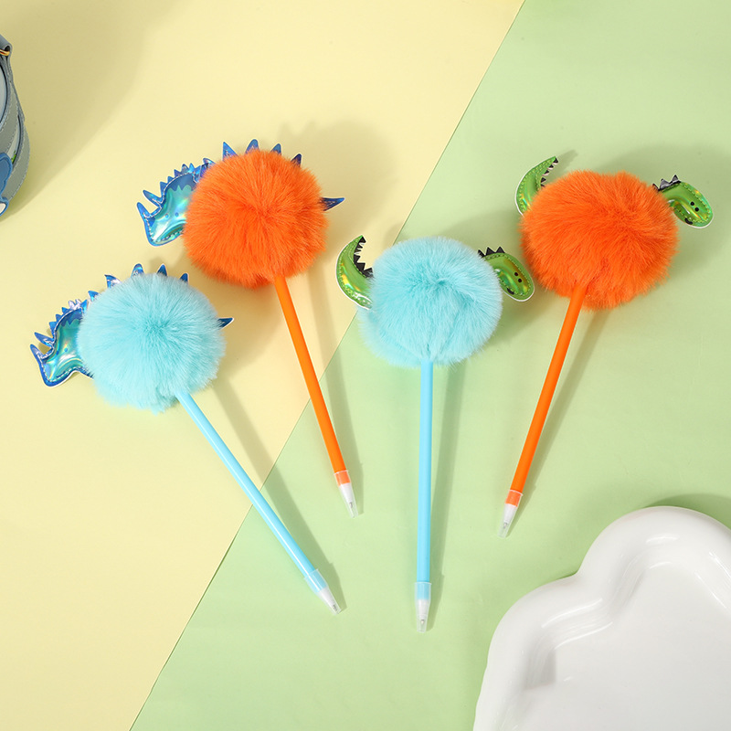 可爱小恐龙毛球笔 创意卡通解压兔毛舒适柔软学生写字用笔礼品笔