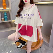拼色连帽设计感大码短袖T恤女夏季新款韩版宽松减龄胖mm半袖上衣c