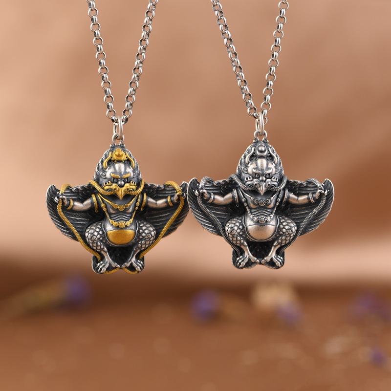 金鹿王 s925银吊坠 复古做旧银镀金金翅大鹏鸟银翅膀瑞兽男女吊饰