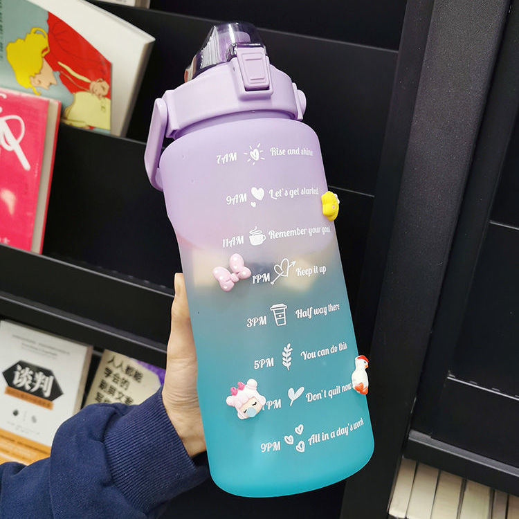 Foreign Trade Gradient Color Frosted Plastic Cup Large Capacity Kettle Portable Fitness Water Bottle 2000ml Straw Space Bottle