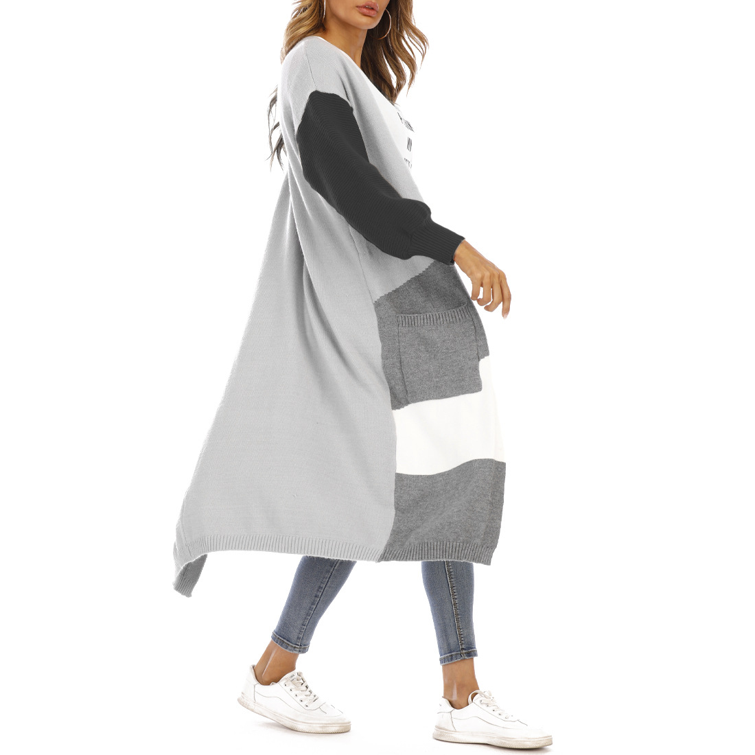 特价细针拼色开衫波西米亚风超大针织毛衣女气球袖长款开襟外套女