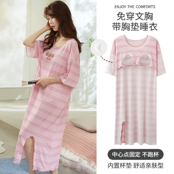 Summer Nightdress Ice Silk Thread Belt Chest Pad Short Sleeve Sweet Cute Style Pajamas Ladies' Homewear Pregnant Women's Confinement