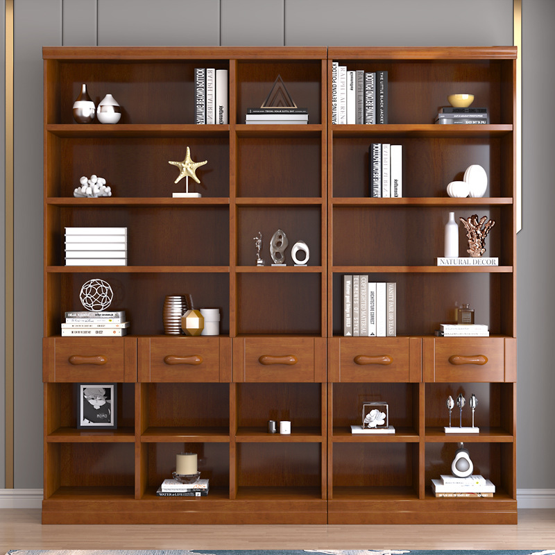 实木书柜现代中式书架带玻璃门落地储物简约书橱办公室书房置物架