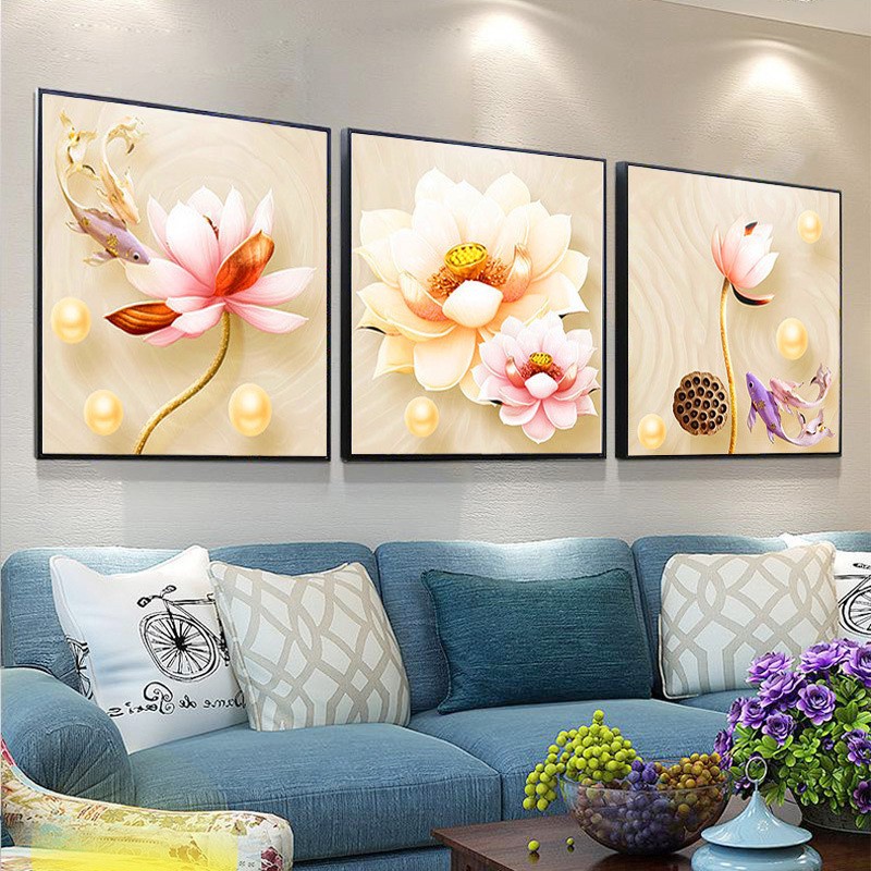 5d钻石画满钻新款砖石绣三联画客厅荷花年年有鱼钻石绣十字绣点钻