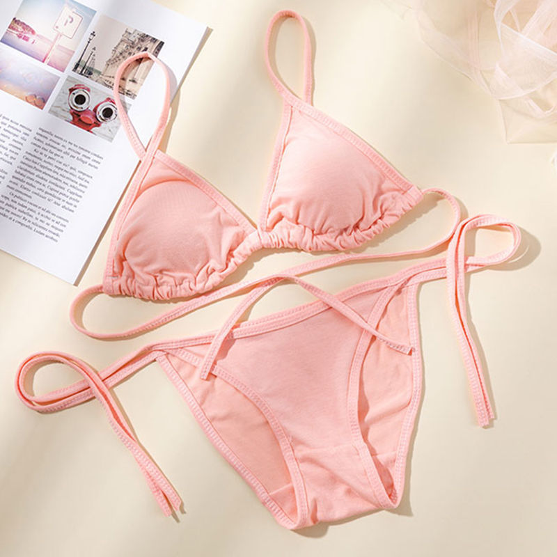 三点式比基尼加大性感绑带挂脖内衣可调少女内衣文胸套装夏泳衣