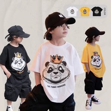 2024夏装新款男童美式熊猫T恤儿童百搭休闲印花上衣短袖潮