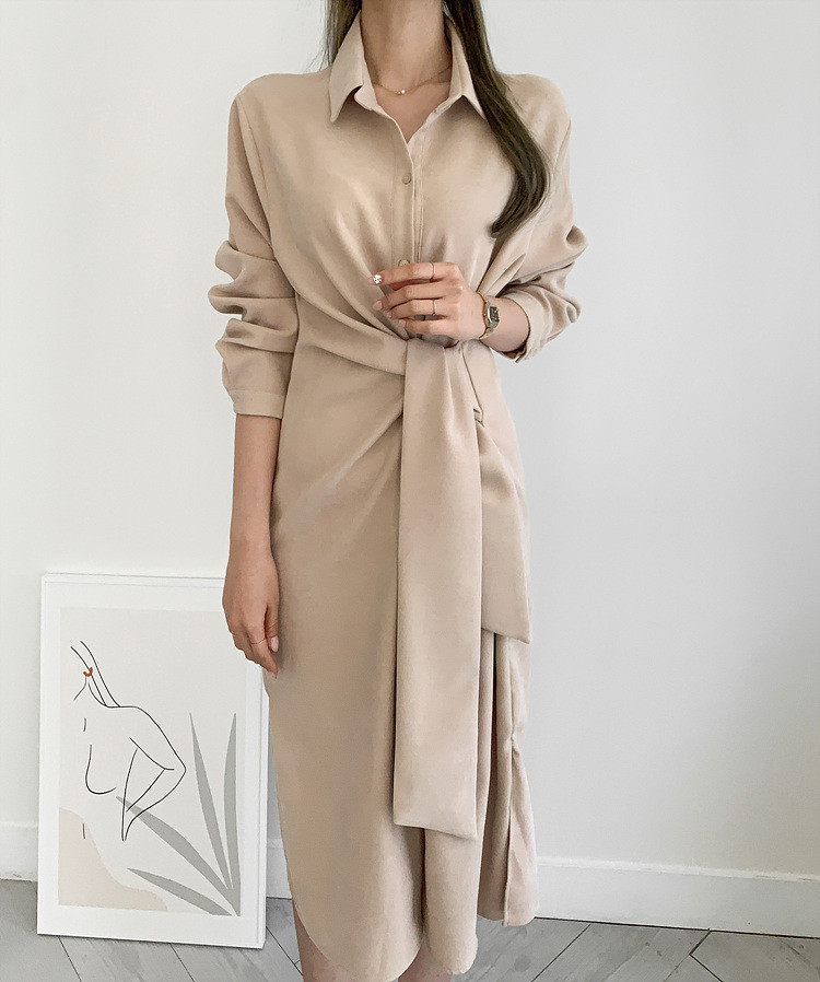 韩国chic早春新款轻熟风法式气质复古设计感收腰连衣裙潮