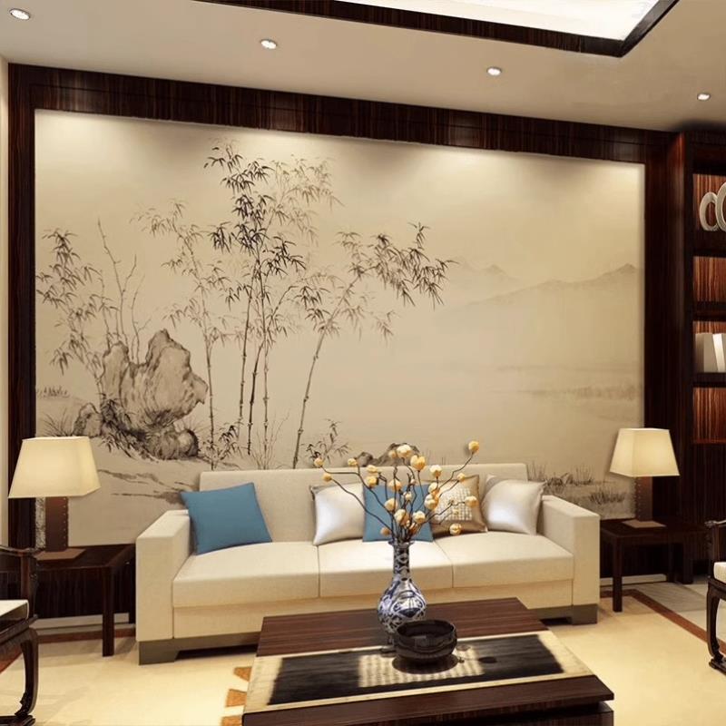 复古新中式水墨竹子壁纸客厅沙发背景墙古风刺绣壁布民宿茶室墙布