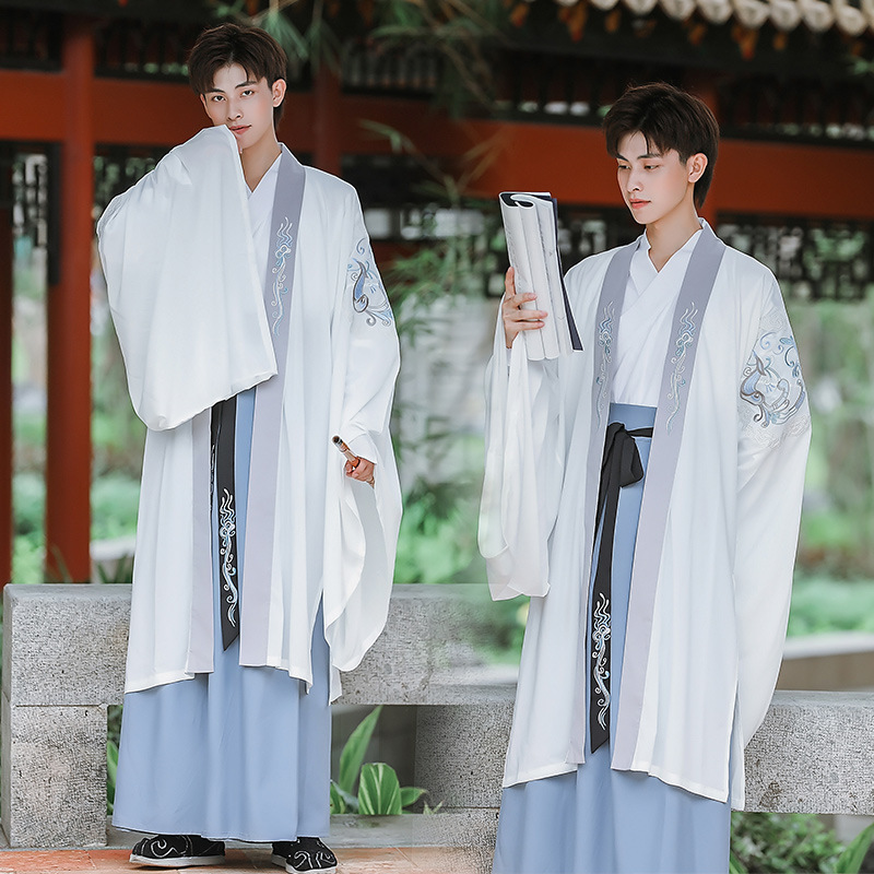 传统对襟长袍男生汉服大袖衫交领汉元素绣花长袖齐腰襦裙演出班服