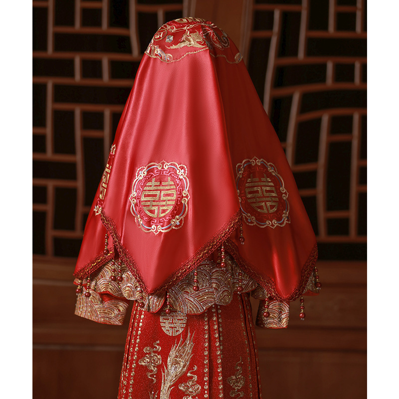 红盖头新娘结婚秀禾出嫁无吊饰高级头巾刺绣出门中式婚礼红色头纱