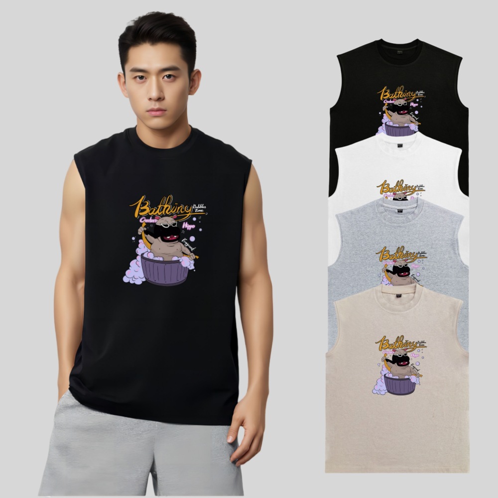 卡通河马洗澡印花ins潮牌百搭无袖背心男夏季宽松重磅300g坎肩t恤