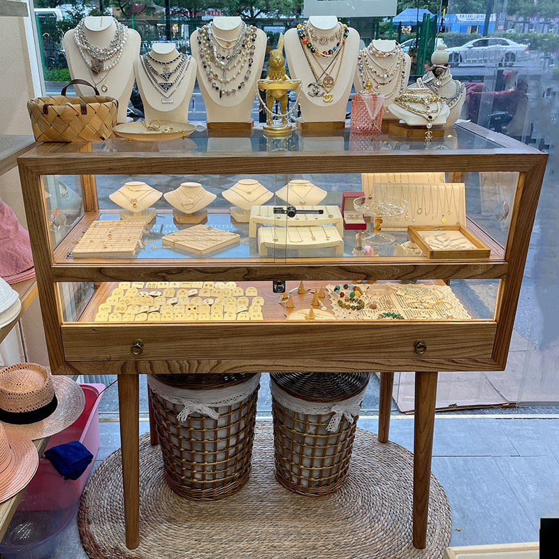 实木珠宝玻璃柜台银首饰品展示柜文玩玉器陈列柜橱窗样品货柜