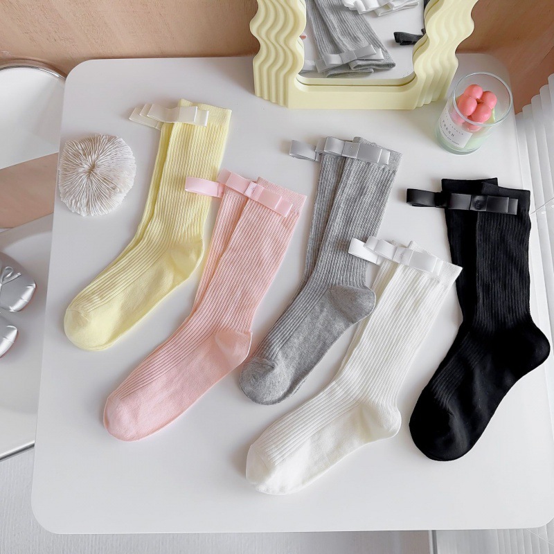 网红款miu系蝴蝶结袜子女长筒袜韩版ins潮小皮鞋芭蕾风堆堆长袜薄