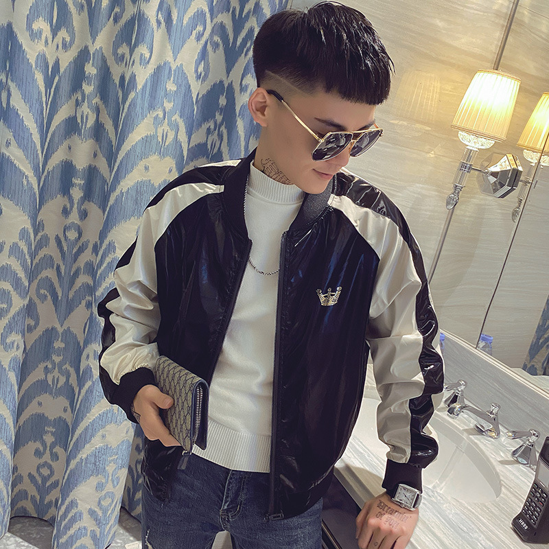 2021秋宽松亮面皮夹克男社会精神小伙烫钻外套黑