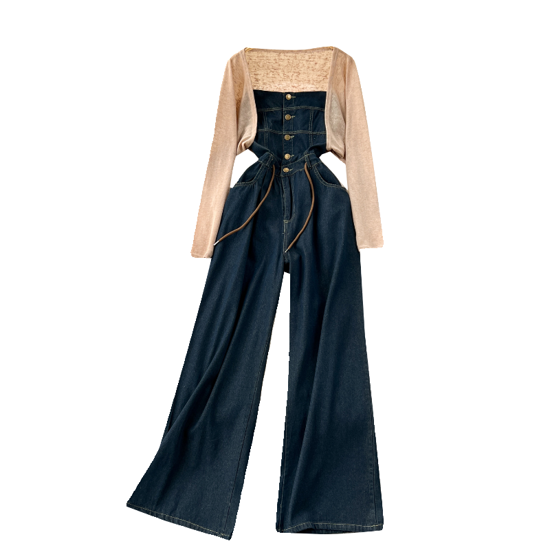 chic港风复古牛仔抹胸连体裤女气质排扣修身长款阔腿裤子 防晒衫