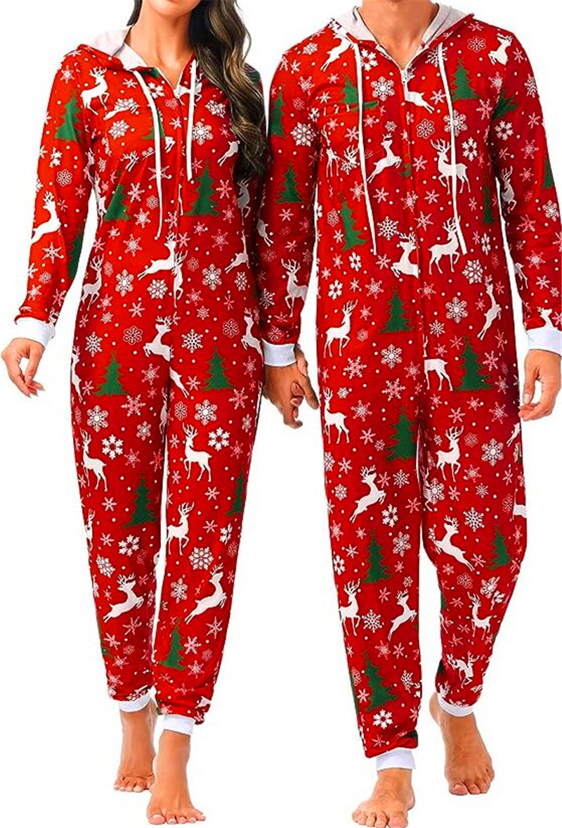 European and American Amazon Foreign Trade Printed Jumpsuit Christmas Pajamas Couple Pajamas Women's Christmas Pajamas Men