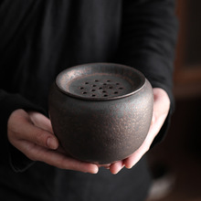 日式鎏金铁锈釉寻觅建水复古茶渣缸家用陶瓷带盖过滤茶洗水盂桶