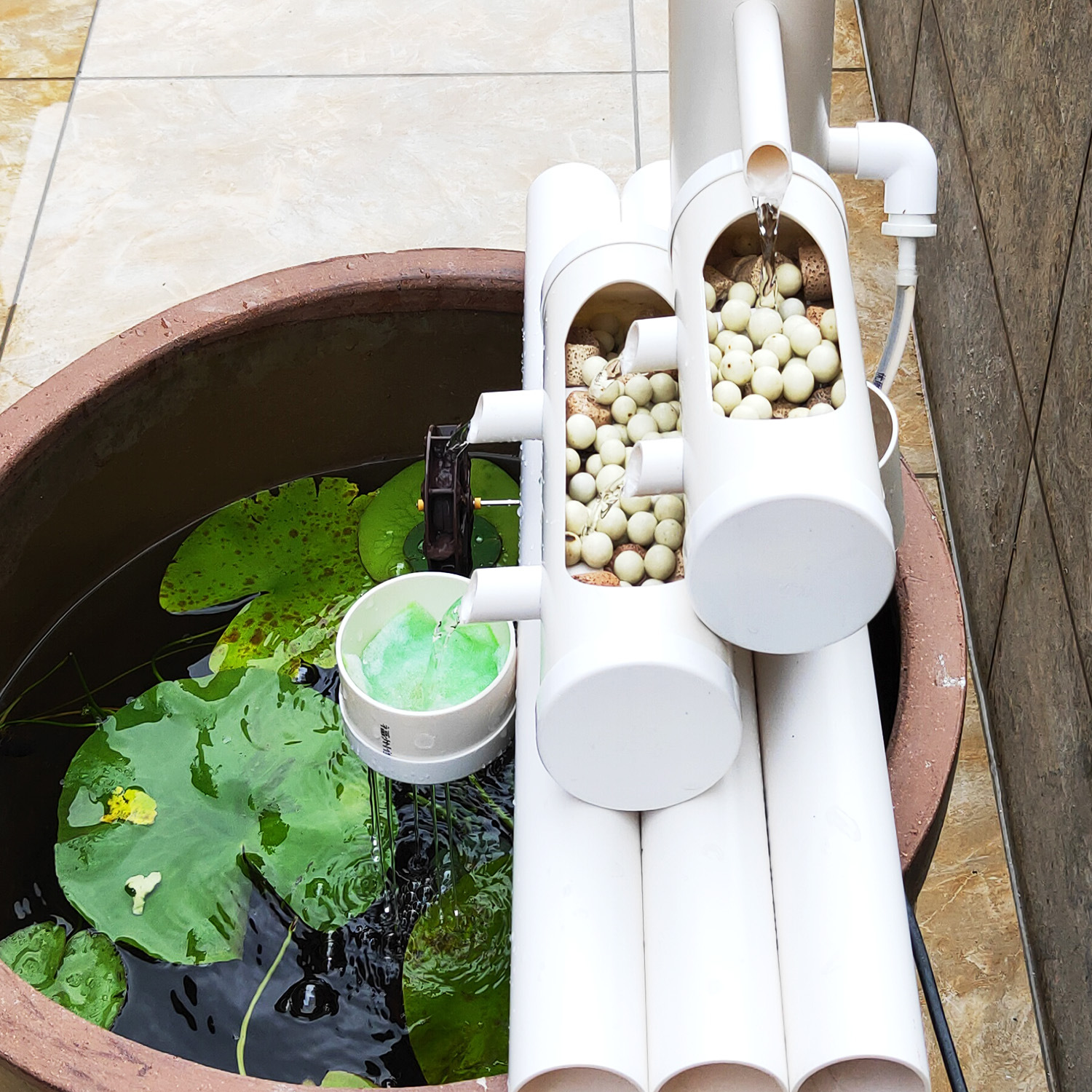 p4款圆形鱼缸双层过滤器吸粪便加氧水循环陶瓷圆缸瀑布式流水器