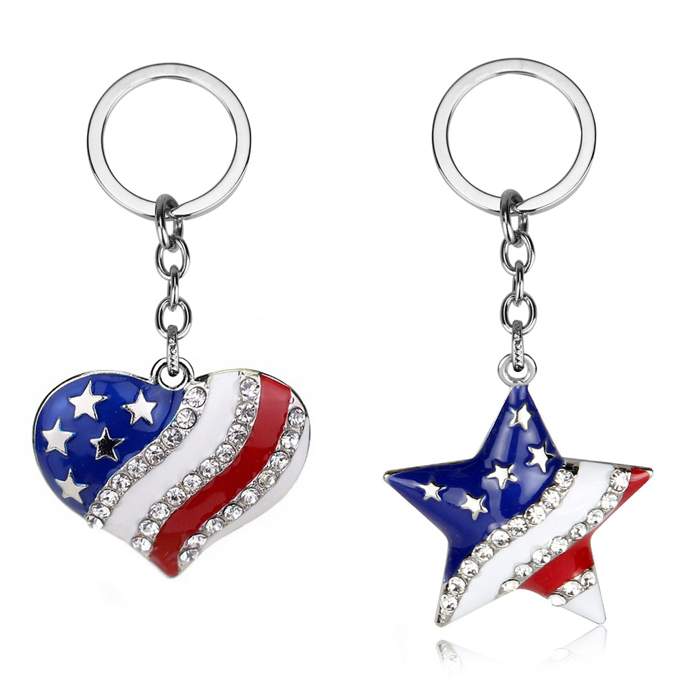 Europe and America Cross Border Hot Selling American Flag Keychain Love Five-Pointed Star Style Diamond-Embedded Personality Trend Pendant