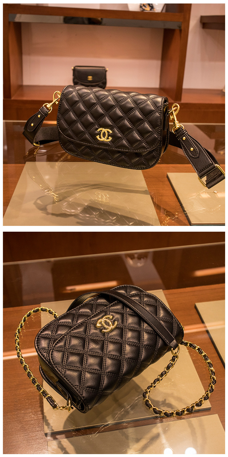 小香风菱格链条包复古羊皮单肩女包邮差包黑色复古真皮斜挎包包女