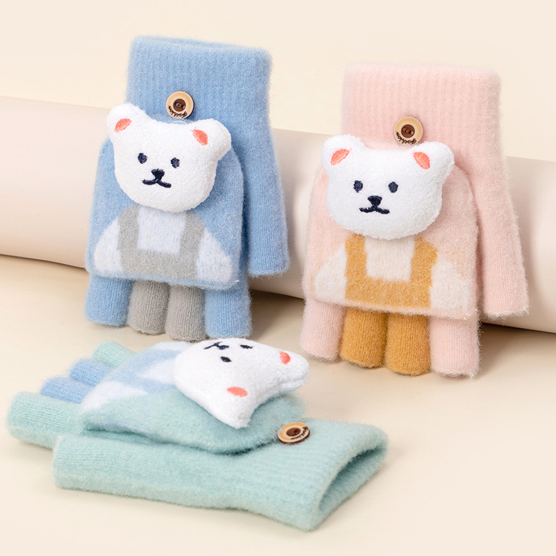 Children's Gloves Autumn and Winter Girls' Cute Cartoon Bear Half Finger Warm-Keeping and Cold-Proof Knitted Wool Fleece-lined Wholesale