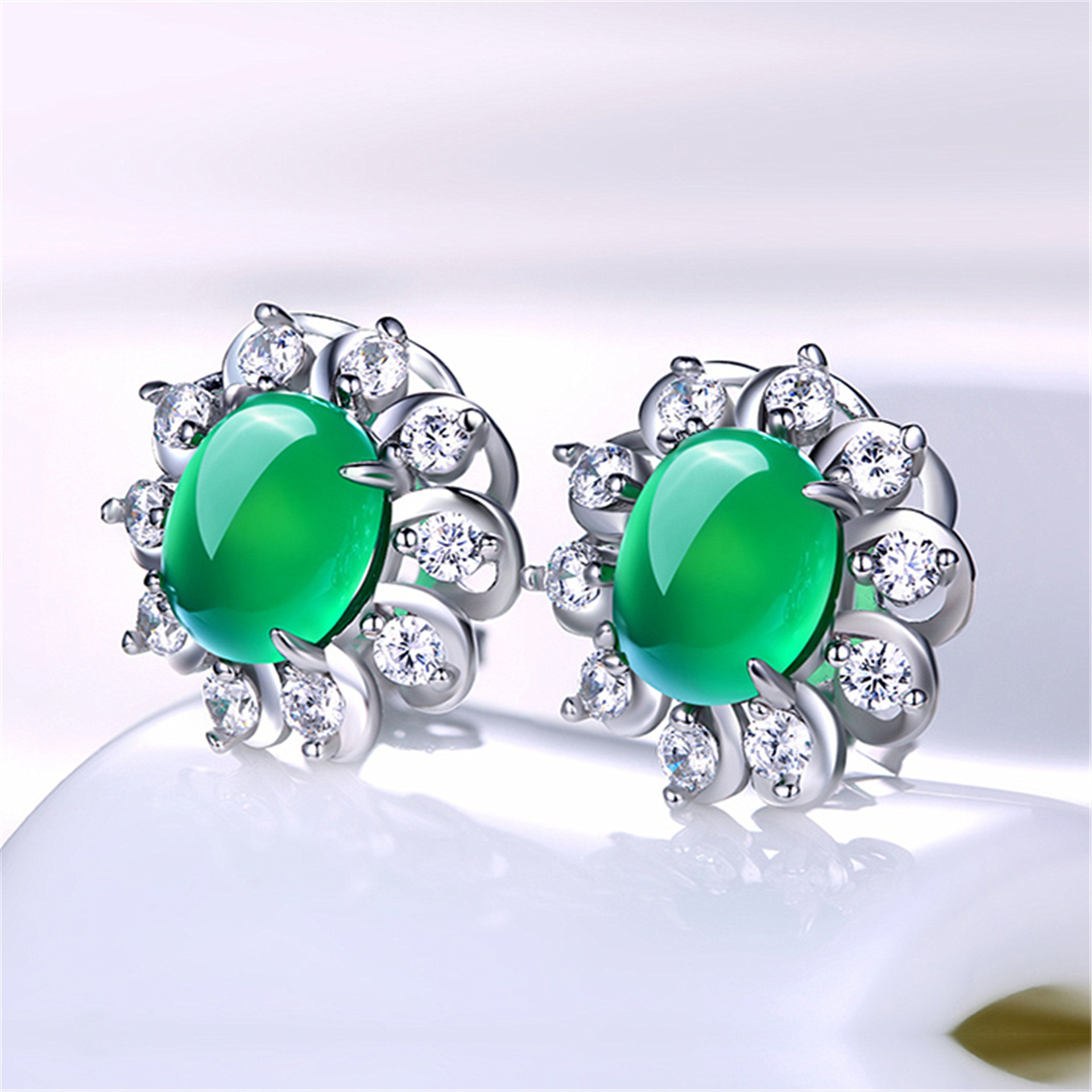 韩版银耳钉女创意简约天然绿玉髓宝石耳环一对耳坠女首饰厂家直销