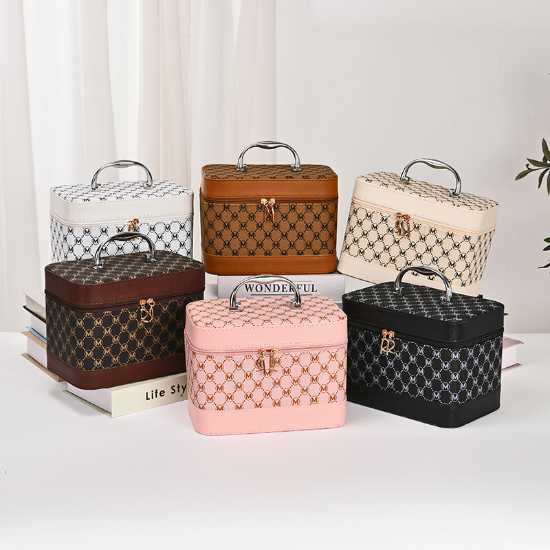 cosmetic bag large capacity high-grade cosmetic case with mirror hand-carrying multifunctional m letter three-piece cross-border good-looking