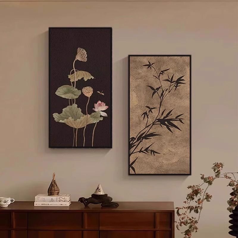新中式宋代美学客厅玄关装饰画禅意过道挂画竹子荷花茶室高级壁画
