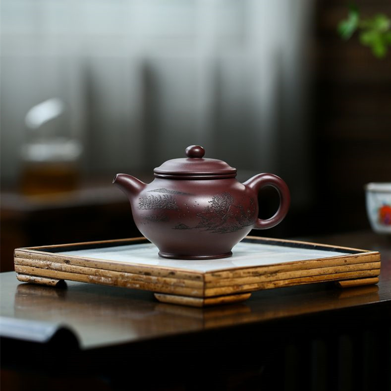 批发宜兴紫砂壶原矿紫茄泥刻山水掇只全手工邵亮养生壶泡茶茶壶