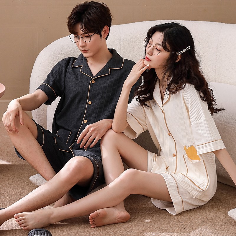 Summer Couple Pajamas Women's Short-Sleeved Shorts Suit Korean Style Cotton Cute Men's V-neck Spring/Autumn/Summer Homewear
