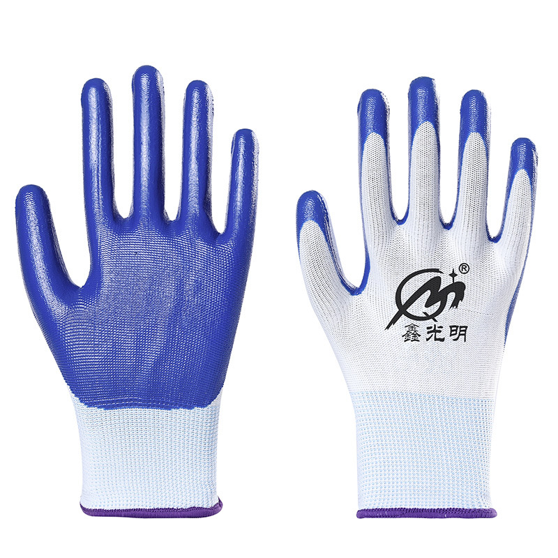 Wear-Resistant Labor Gloves Classic Blue Nitrile Glue Gloves Thirteen-Pin Nylon Labor Protection Gluing Gloves