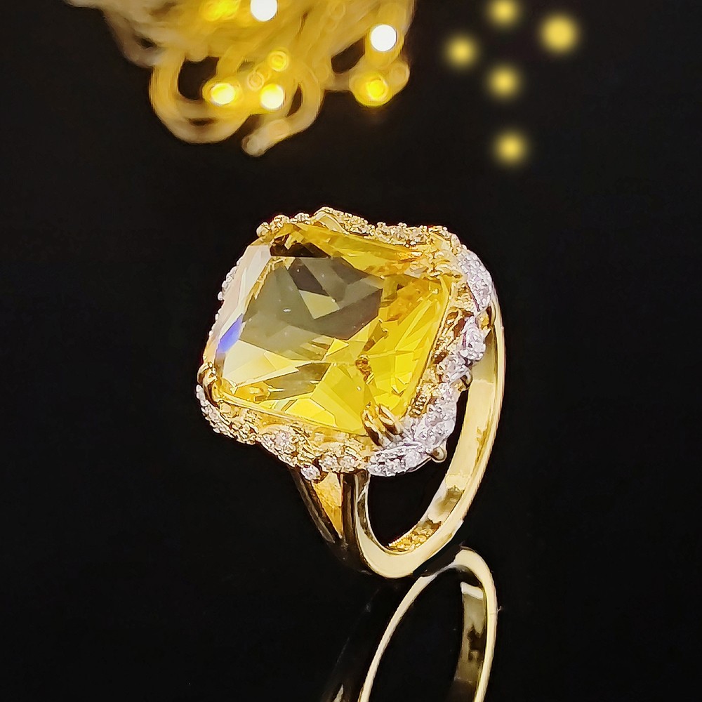 tiktok速卖通夸张镶嵌香槟色方钻戒指 欧美镀黄金双色指环r5416