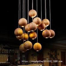 设计师个性创意艺术实木吊灯新中式酒店餐厅LED木艺圆球吧台灯具