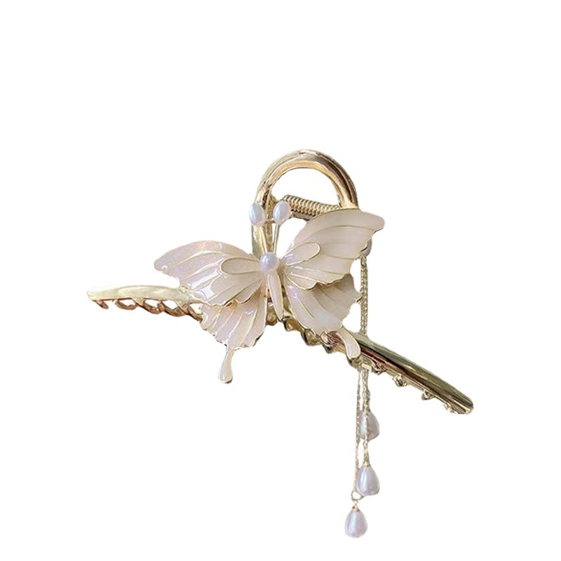 New Butterfly Pearl Tassel Metal Grip Updo Shark Clip Elegant Hair Clip Headdress
