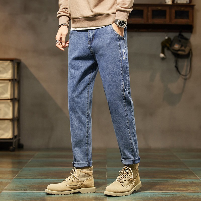 2023 Summer New Light Blue Jeans Men's Clothing Elastic Loose Straight Washed Thin Casual Teenagers