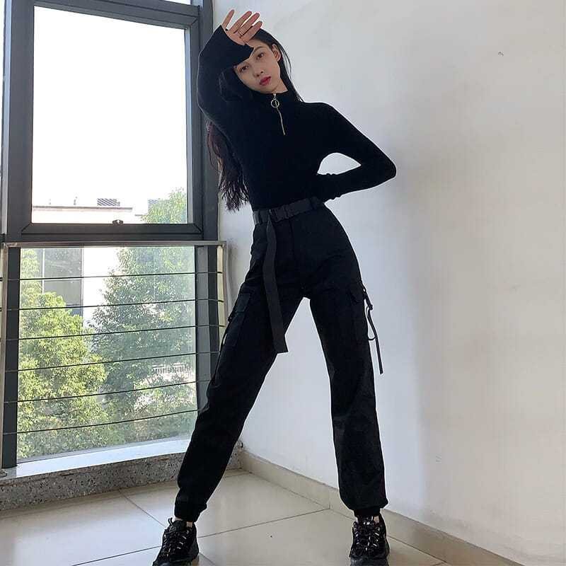 黑色束脚工装裤女显瘦高个子加长运动休闲裤街头嘻哈工装套装帅气