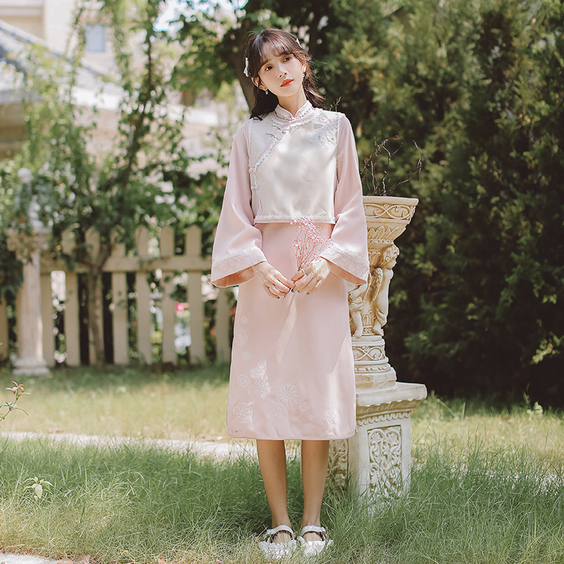 改良旗袍套装女2021年秋冬新款复古国风气质少女马甲连衣裙两件套