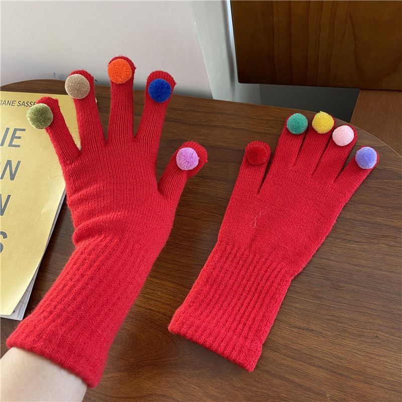 韩国ins彩色毛绒球公主手套冬天可爱女生五指骑车加厚保暖可触屏