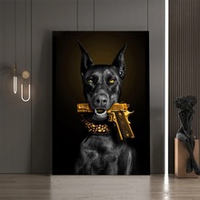创意现代黑色豪华杜宾狗动物无框帆布画客厅家居墙壁装饰画芯批发