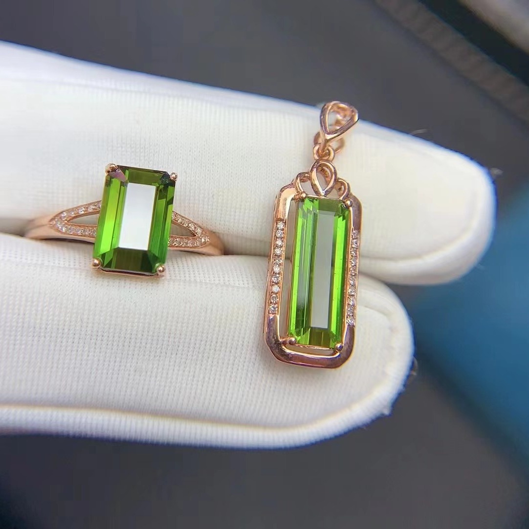 天然电光绿碧玺戒指吊坠祖母绿切工18k金钻石镶嵌 简约百搭附证书