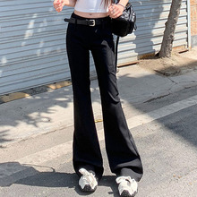 2024夏季黑色复古休闲裤女低腰显瘦设计感微喇叭拖地西装裤长裤子
