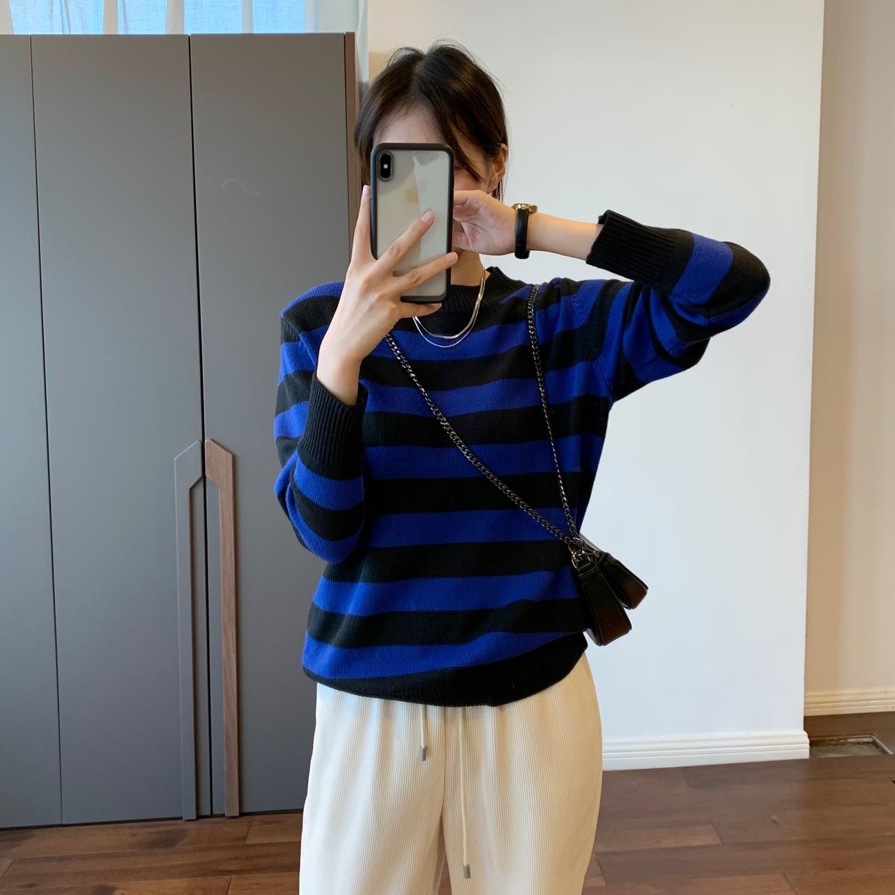 超美配色条纹显白显瘦慵懒休闲软糯羊毛圆领针织衫毛衣秋冬ch108