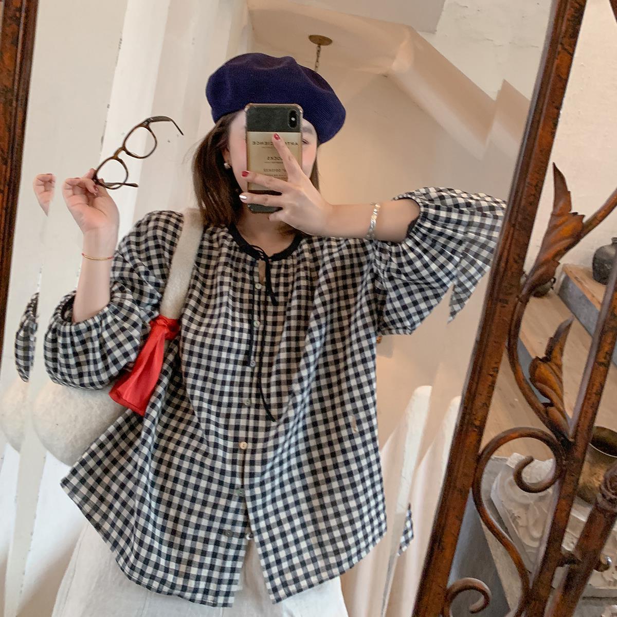 黑白小格子衬衫女图片