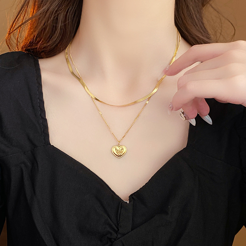 Real Gold Plating Blade Chain Love Star Letter Square Necklace Fashion Twin Clavicle Chain High Sense Necklace Women