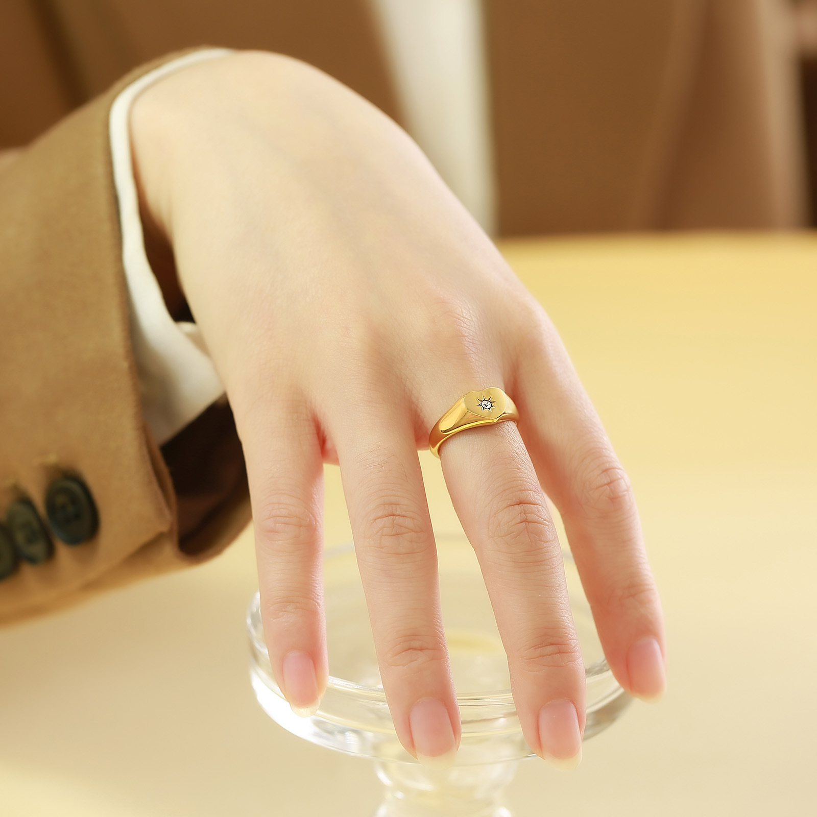 跨境首饰不锈钢镶单颗锆石心形戒指金色女士指环个性 rc-528-阿里巴巴