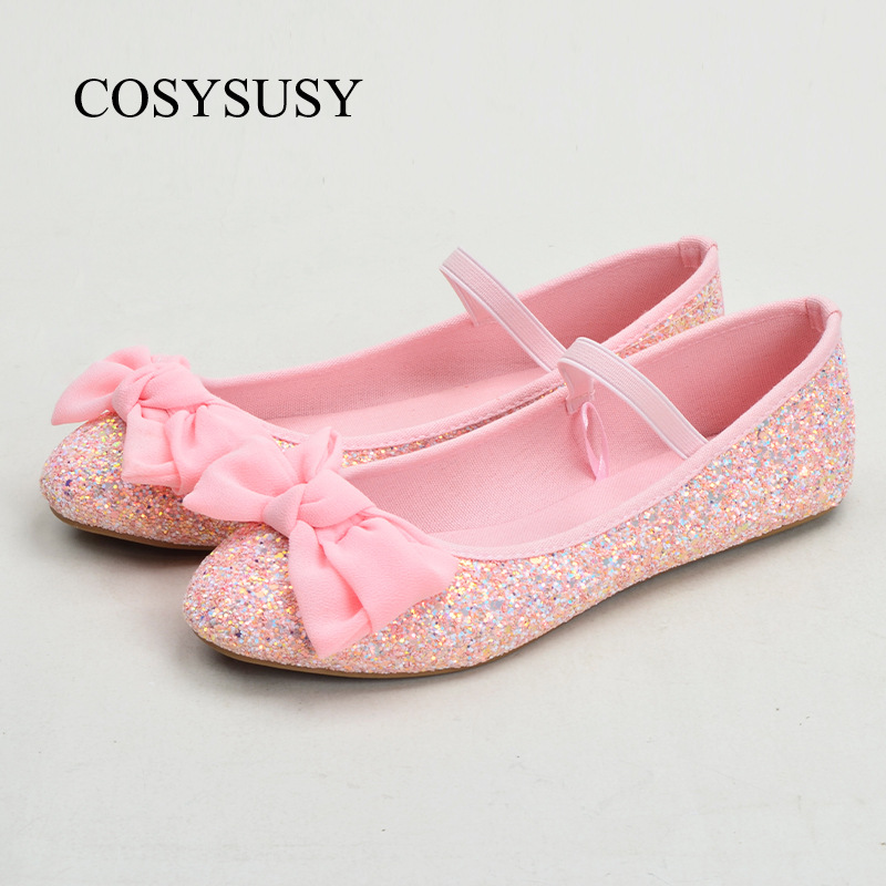 外贸跨境中大童公主 浅口平底鞋女童粉色蝴蝶结格利特水晶鞋