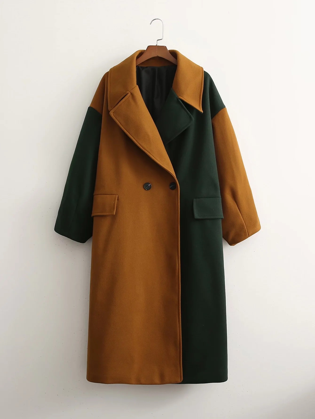 2021秋冬新品欧美风时尚拼色茧型大衣双排扣宽松中长款毛呢外套女